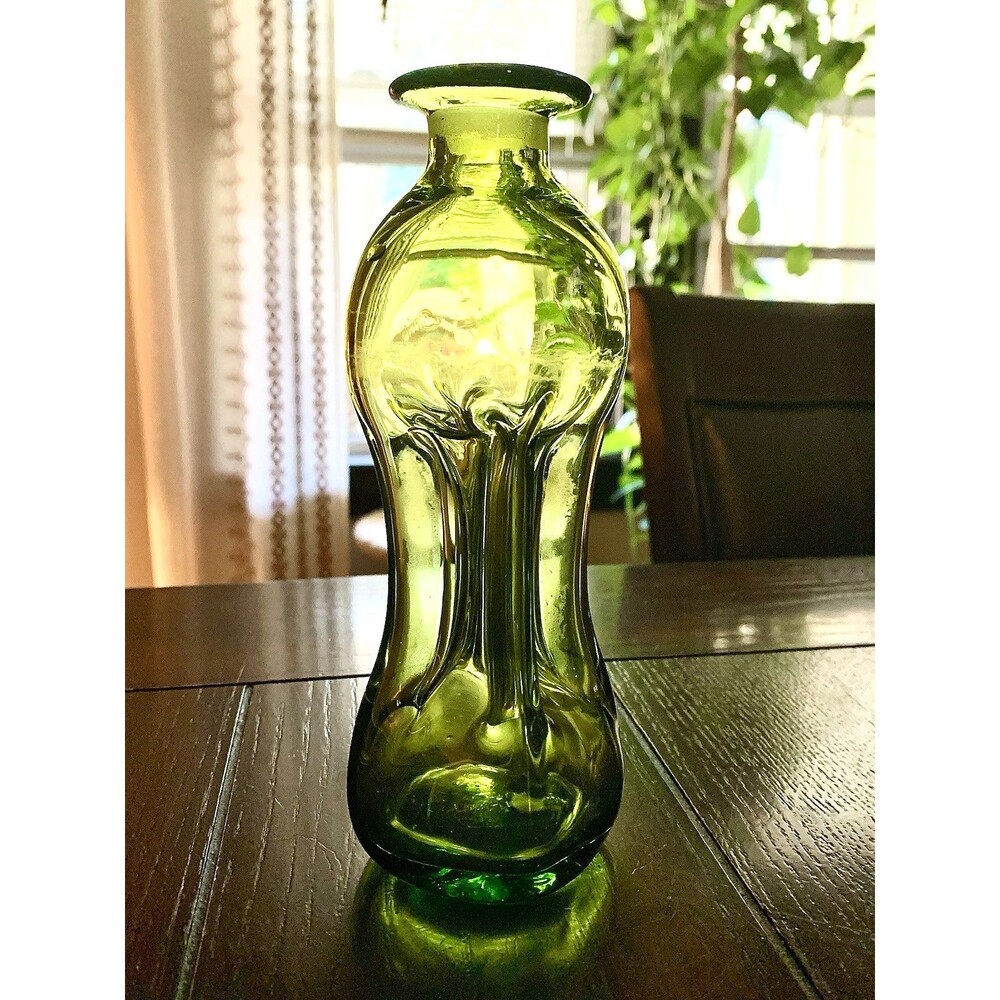 Vintage Danish Holmegaard Green Glass Kluk Kluk Vase Jacob Bang MCM Art Glass 7"